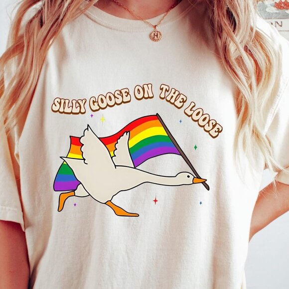 Rainbow Silly Goose T-shirt, Retro Pride Shirt - Picture 1 of 3